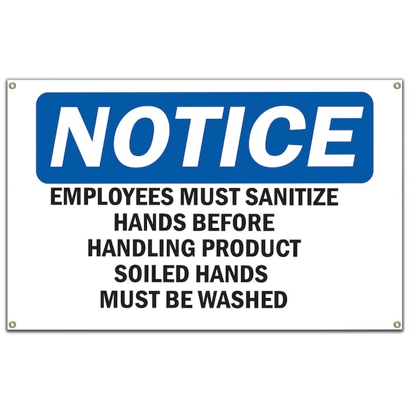 OSHA Notice Sign, Employees Must Sanitize Hands Before Handling, 60 in Banner, OS-NS-B-60-11965